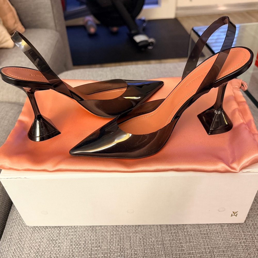 Amina Muaddi Glossy Black Slingback Heels